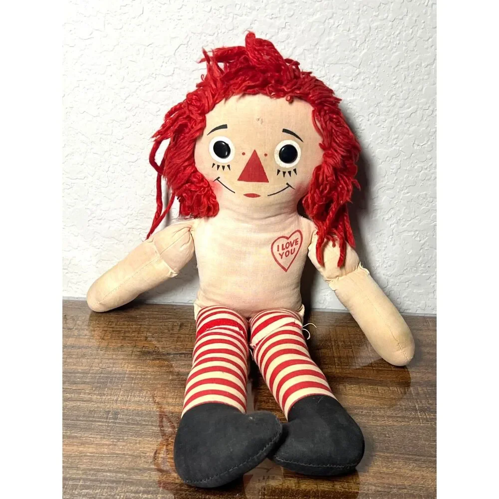 Vintage Raggedy Ann Doll Printed Face Heart Red Yarn Hair Striped Legs 1950s–70s